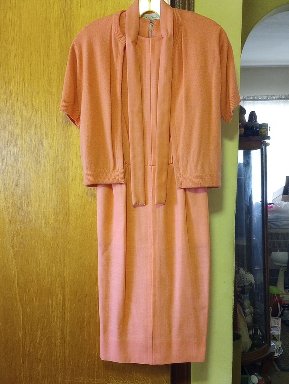 Sue Brett Juniors Large Coral Classic Vintage Spring Dress & Sweater Set w/ Sash